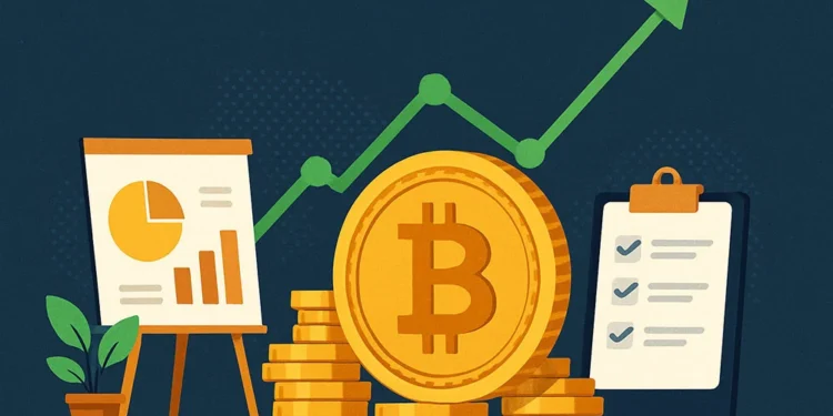Illustration showing Bitcoin coins, financial charts, and a rising green graph symbolizing cryptocurrency investment growth