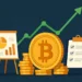 Illustration showing Bitcoin coins, financial charts, and a rising green graph symbolizing cryptocurrency investment growth