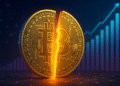 Illustration of a glowing Bitcoin coin being split in half, symbolizing Bitcoin halving, with futuristic blockchain elements in the background.