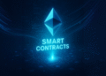 Illustration of Ethereum smart contracts executing code on a futuristic blockchain network.