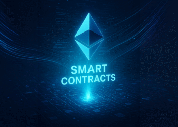 Illustration of Ethereum smart contracts executing code on a futuristic blockchain network.