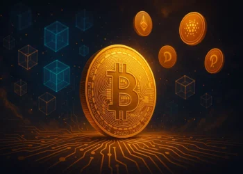 A golden Bitcoin coin surrounded by floating altcoins like Ethereum, Cardano, and Polkadot, with digital blockchain patterns in the background.