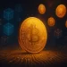 A golden Bitcoin coin surrounded by floating altcoins like Ethereum, Cardano, and Polkadot, with digital blockchain patterns in the background.