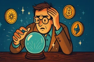 Man staring into a glowing crystal ball, looking confused, with floating Bitcoin, Ethereum, and Cardano coins around him on a starry background.