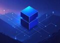 Isometric illustration of blockchain Layer 2 architecture, with glowing blue blocks and network lines, representing scalability solutions.