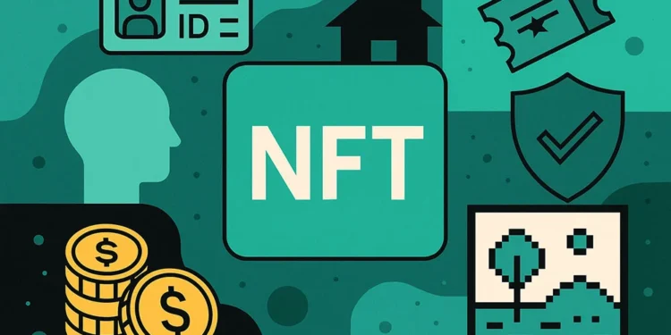 Illustration representing NFTs beyond digital art, featuring icons of identity, real estate, coins, and digital landscapes in teal tones.