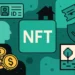 Illustration representing NFTs beyond digital art, featuring icons of identity, real estate, coins, and digital landscapes in teal tones.