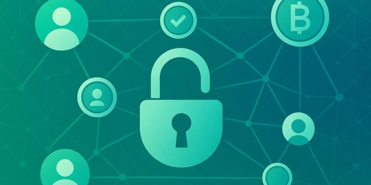 Illustration representing Web3 and digital ownership with an open padlock and network of users and crypto icons.