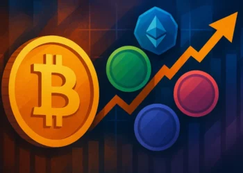 Conceptual digital illustration showing Bitcoin and colorful altcoins rising with a financial graph, symbolizing an altcoin season.