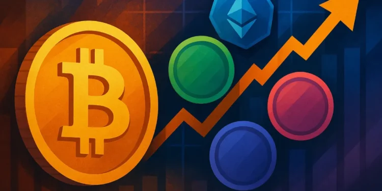 Conceptual digital illustration showing Bitcoin and colorful altcoins rising with a financial graph, symbolizing an altcoin season.