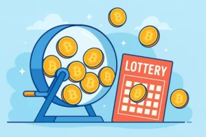 Illustration of a Bitcoin lottery drum with coins and a red lottery ticket on a blue sky background.