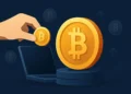 Digital illustration of a hand inserting a Bitcoin into a laptop, symbolizing earning free Bitcoin online.