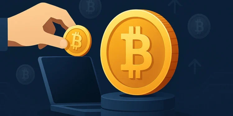 Digital illustration of a hand inserting a Bitcoin into a laptop, symbolizing earning free Bitcoin online.