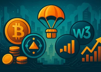 Stylized icons of Bitcoin, DAO, parachute (airdrop), Web3, and charts in a digital illustration