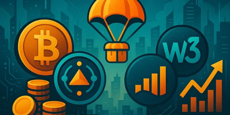 Stylized icons of Bitcoin, DAO, parachute (airdrop), Web3, and charts in a digital illustration