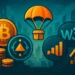Stylized icons of Bitcoin, DAO, parachute (airdrop), Web3, and charts in a digital illustration