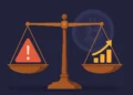 Conceptual illustration of a balance scale representing DeFi risks and opportunities in the crypto space