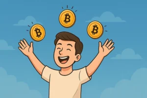 A joyful cartoon character with arms raised, surrounded by floating Bitcoin coins against a bright sky background.