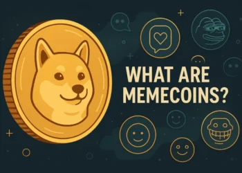 Conceptual image of a golden Shiba Inu coin surrounded by meme symbols representing viral cryptocurrencies.