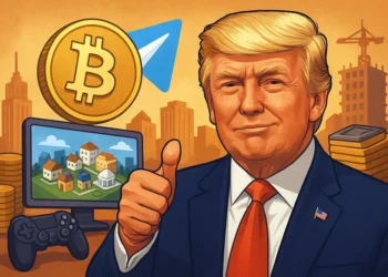 Donald Trump com polegar levantado diante de ícones de Bitcoin, Telegram e cenário de jogo digital