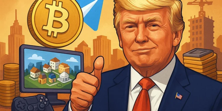 Donald Trump com polegar levantado diante de ícones de Bitcoin, Telegram e cenário de jogo digital