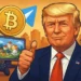 Donald Trump com polegar levantado diante de ícones de Bitcoin, Telegram e cenário de jogo digital