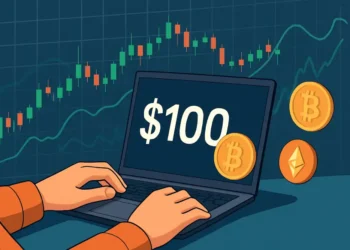 Hands using a laptop with cryptocurrency price chart in the background and digital coins floating