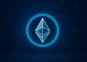 Ethereum logo glowing in a digital network environment