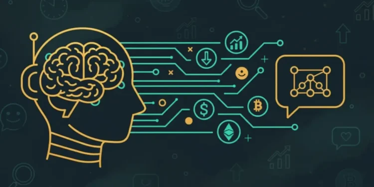 AI brain with crypto market signals, representing ChatGPT analyzing cryptocurrency trends and trading data in real time.
