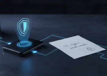 secure crypto wallet with a hardware device, a smartphone, and a tablet, showcasing digital asset security