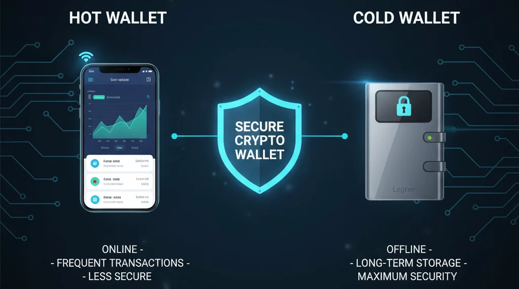 Comparison chart showing a hot wallet (smartphone icon) and a cold wallet (hardware device icon) to illustrate a secure crypto wallet.