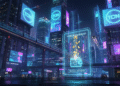 TON Coin Airdrops falling into a digital wallet on a holographic screen in a futuristic city. Telegram Web3 crypto earnings.