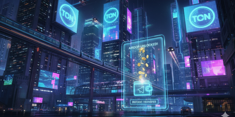 TON Coin Airdrops falling into a digital wallet on a holographic screen in a futuristic city. Telegram Web3 crypto earnings.