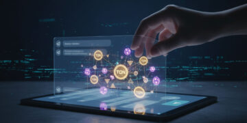 Revealing the Telegram Airdrop Secret: hidden TON Coin tokens behind a messaging app interface with a hand unveiling the profit.